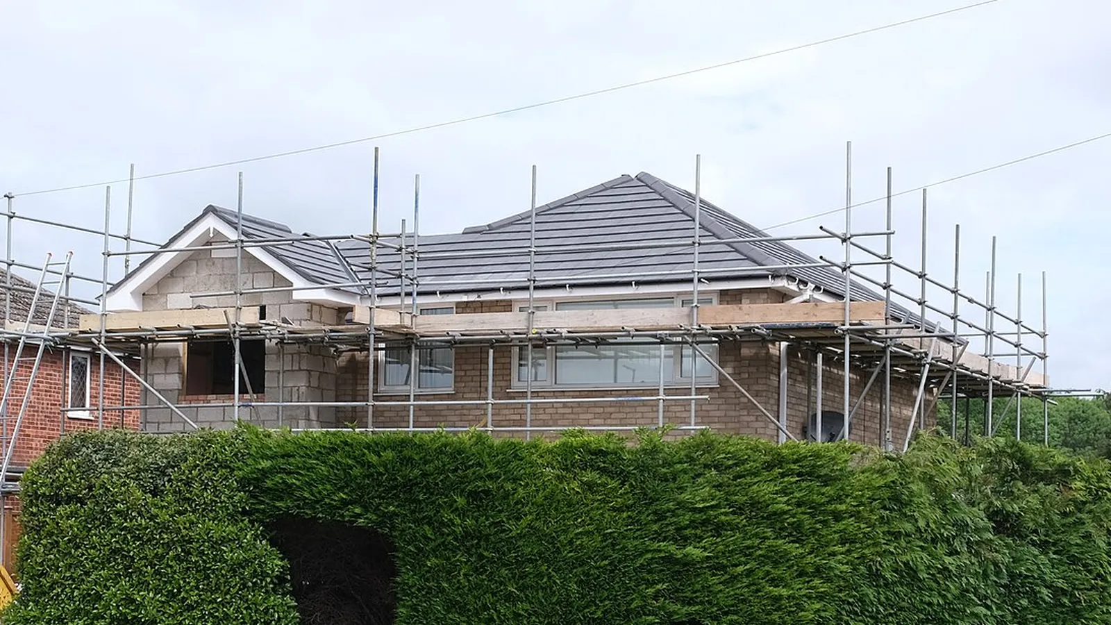 Tube and fitting scaffolding with boarded lifts and ladder access around a single-storey brick house extension under a new tiled roof, behind a tall hedge.